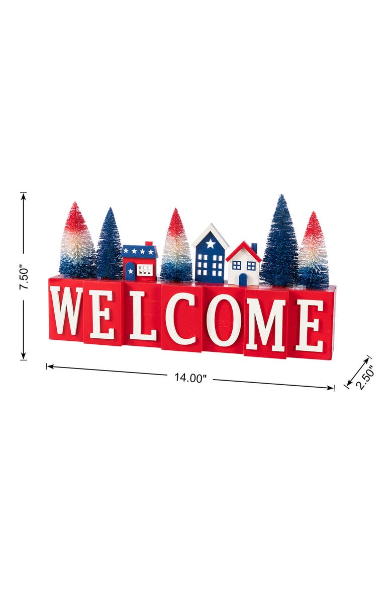 Patriotic Americana Wooden House Brush Trees Table Decor, Alternate, color, Blue