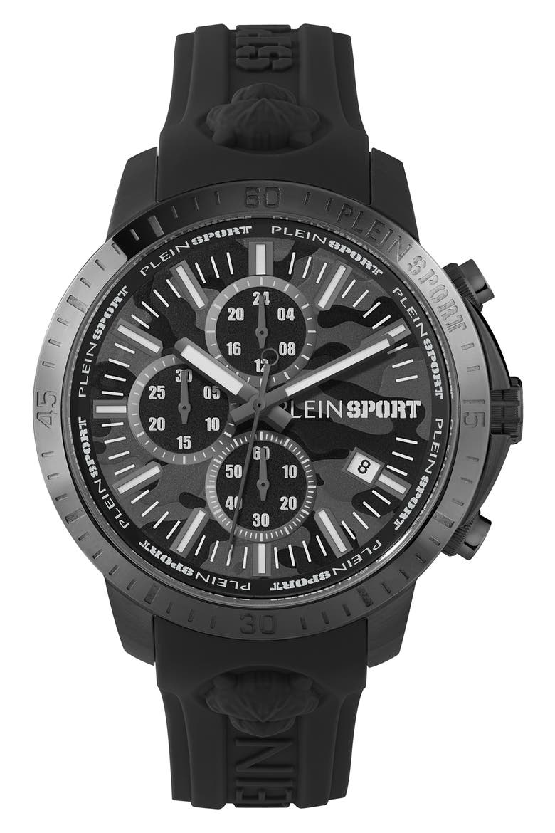 Camo Dial Three-Hand Quartz Silicone Strap Watch, 43mm, Main, color, IP BLACK