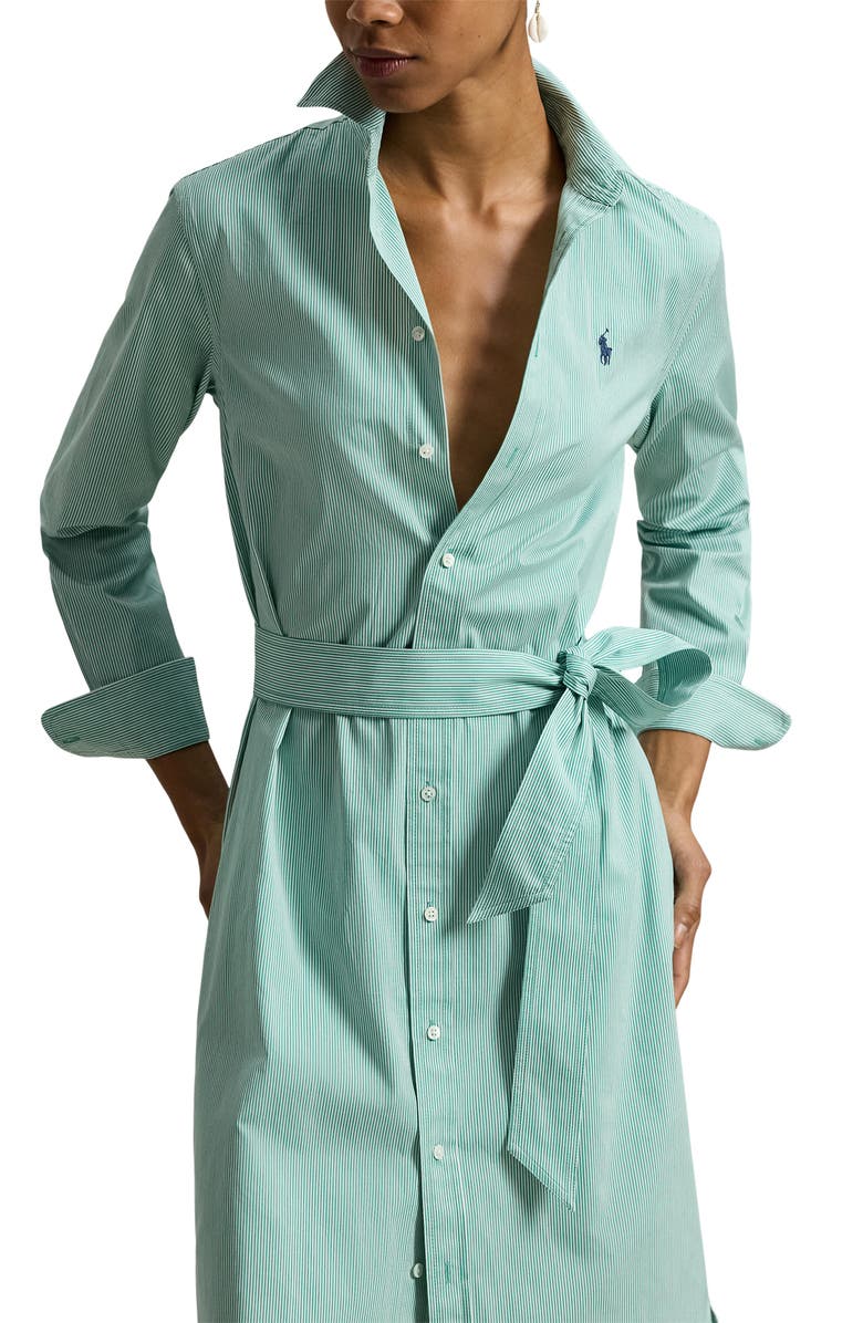 Polo Ralph Lauren Tie Waist Long Sleeve Maxi Shirtdress, Alternate, color, Green White