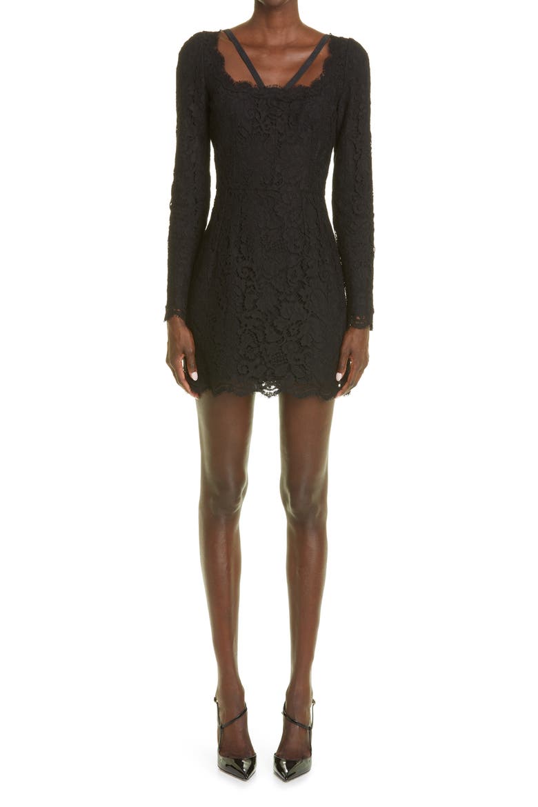 Logo Strap Long Sleeve Lace Minidress, Main, color, NERO