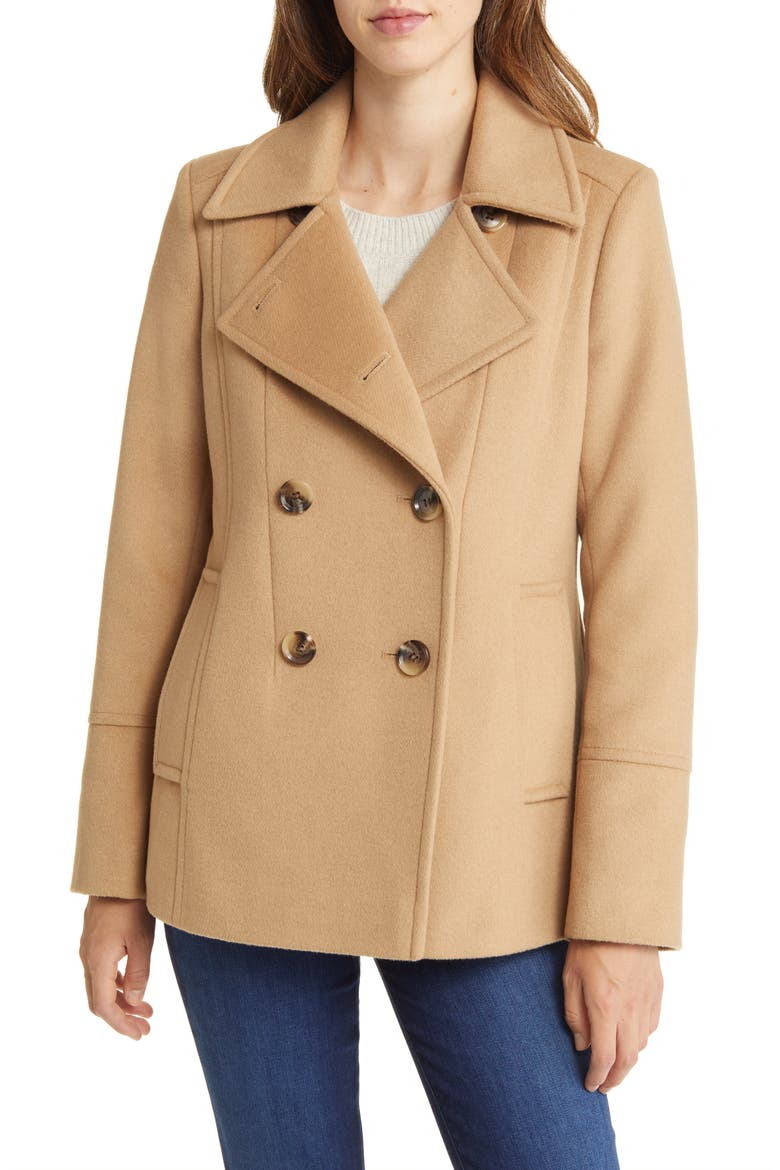 Double Breasted Wool Blend Peacoat, Main, color, CAMEL