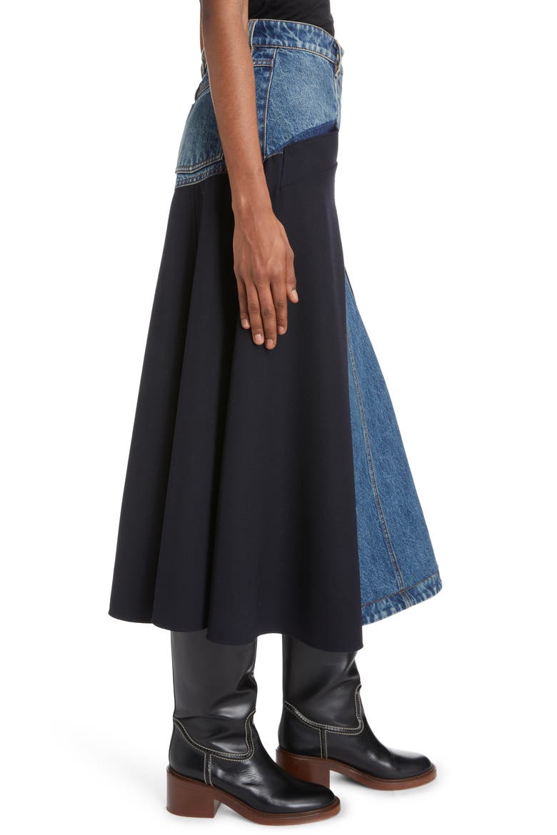 Mixed Media Denim & Virgin Wool Midi Skirt, Alternate, color, INK NAVY