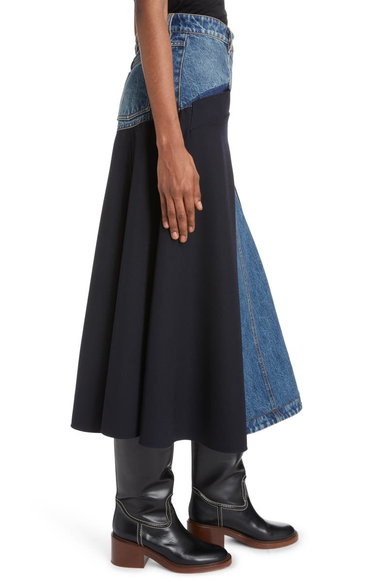 Chloé Mixed Media Denim & Virgin Wool Midi Skirt, Alternate, color,