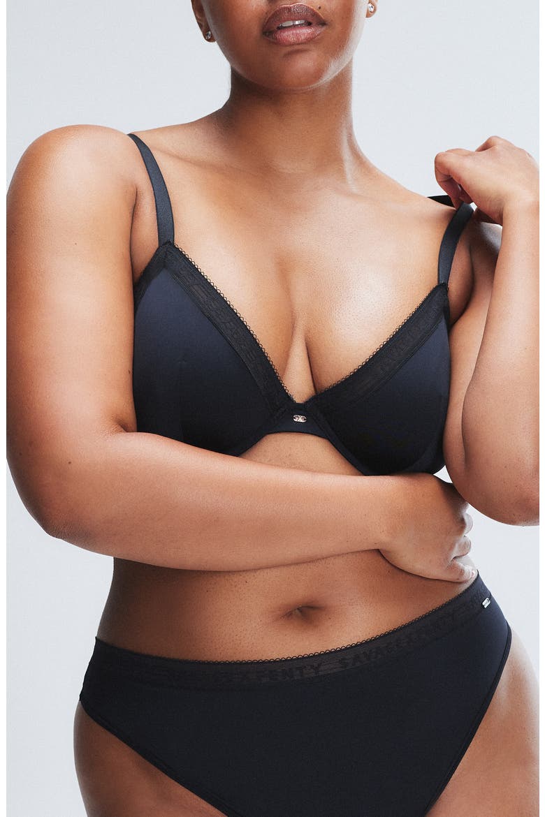 Microfiber Logo Trim Unlined Plunge Bra, Alternate, color, BLACK CAVIAR