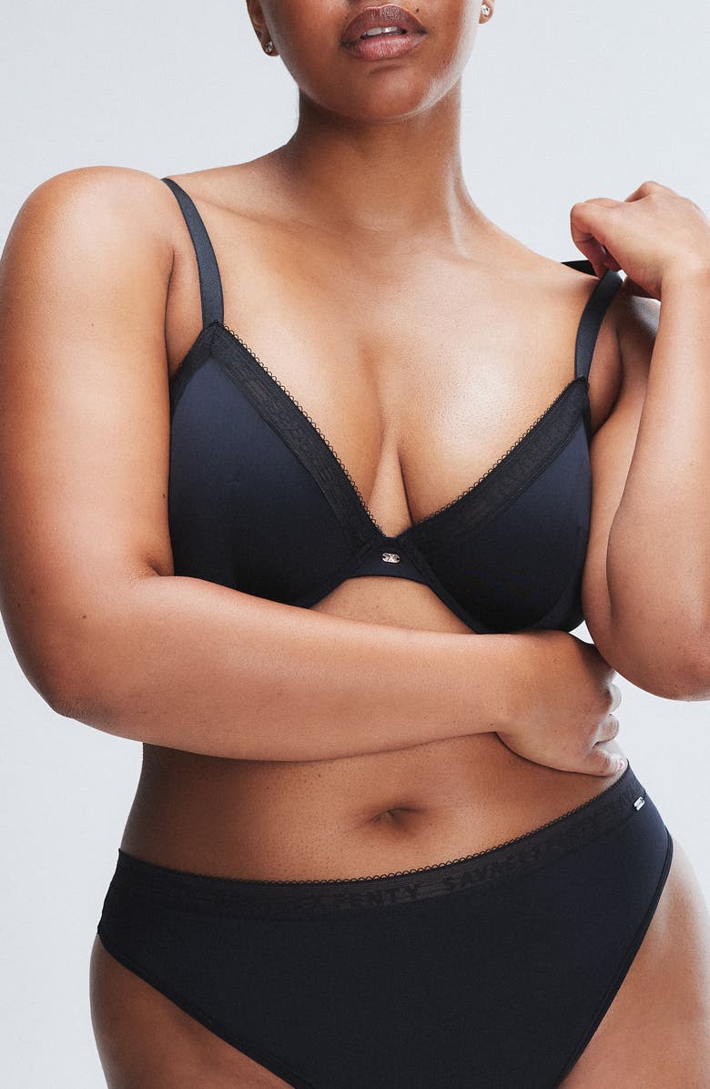 SAVAGE X FENTY Microfiber Logo Trim Unlined Plunge Bra, Alternate, color, Black Caviar