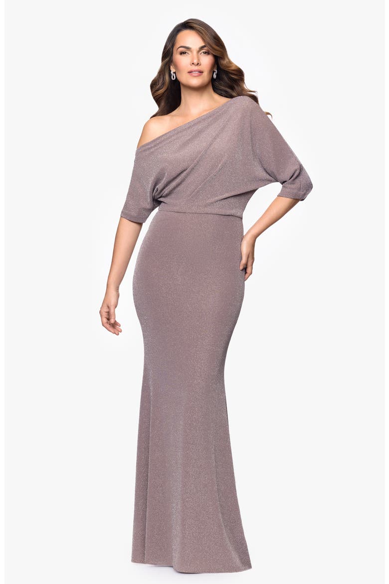 Shimmer One-Shoulder Gown, Alternate, color, TAUPE/ SILVER