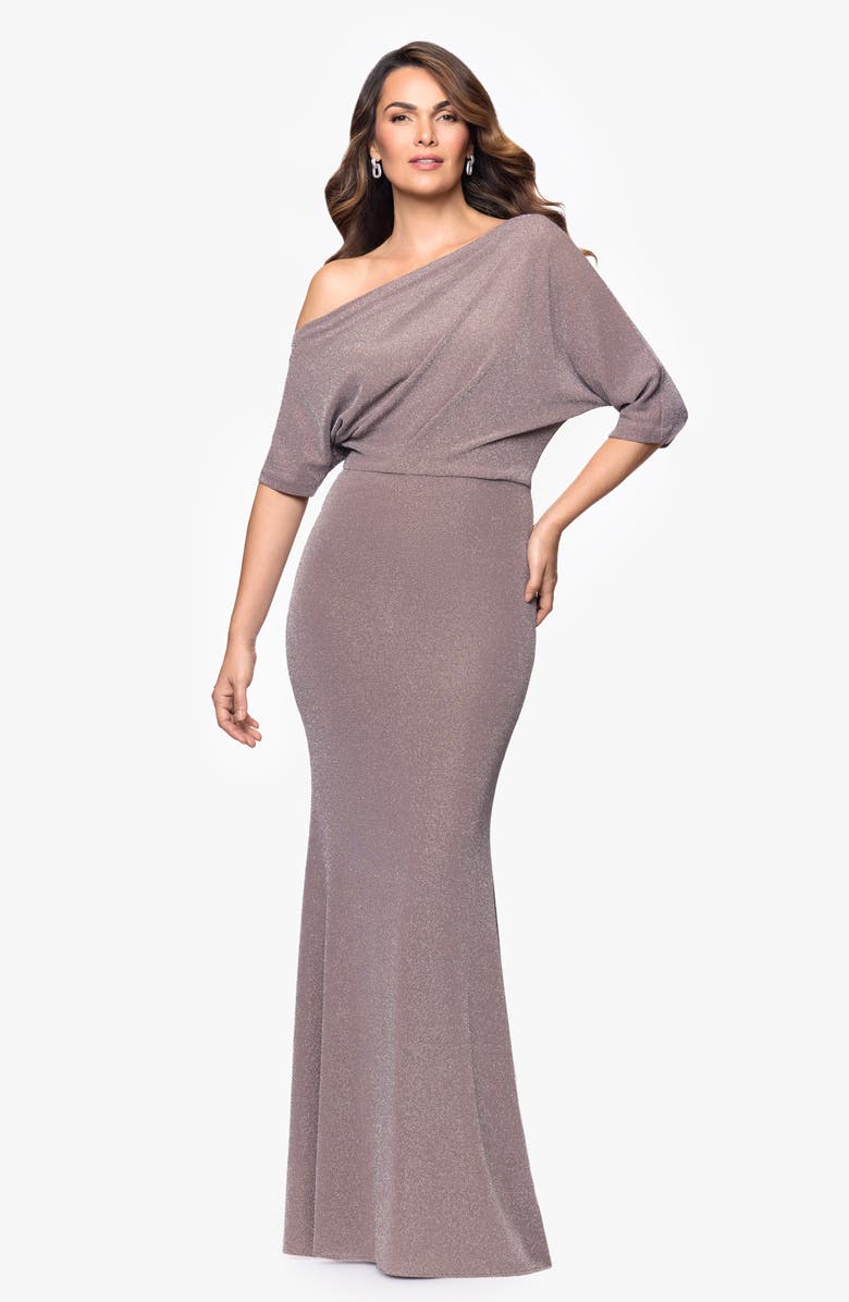 Betsy & Adam Shimmer One-Shoulder Gown, Alternate, color, Taupe/ Silver