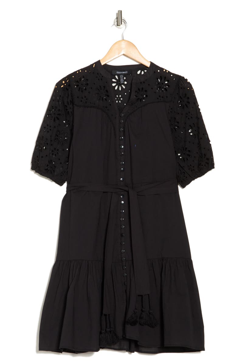 Ellen Tracy Eyelet Puff Sleeve Tie Waist Dress, Alternate, color, 