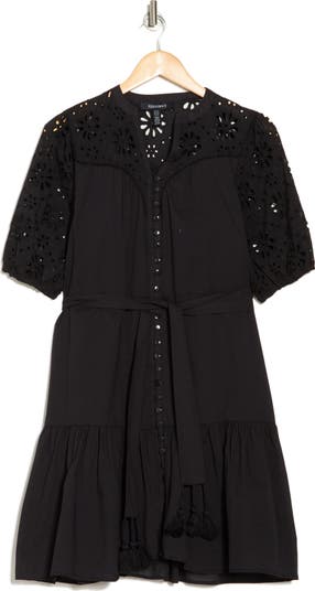 Ellen Tracy Eyelet Puff Sleeve Tie Waist Dress | Nordstromrack