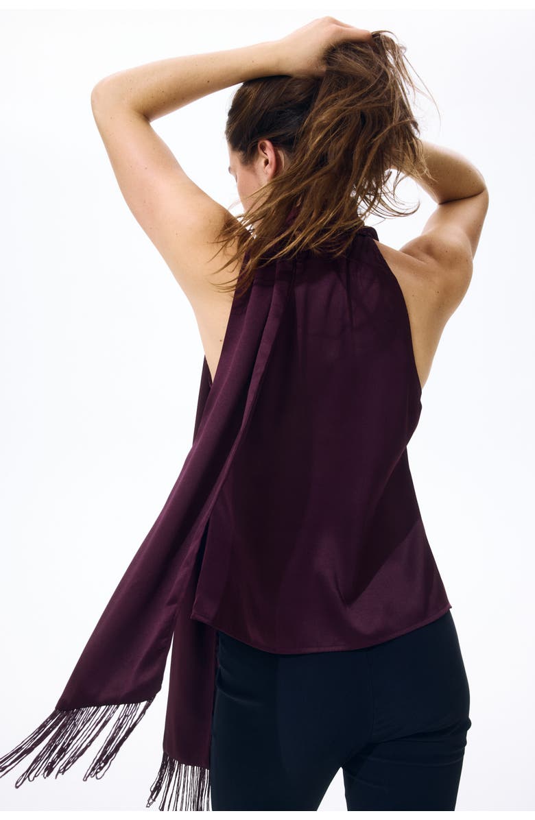 H&M Scarf-detail Satin Top, Alternate, color, Burgundy