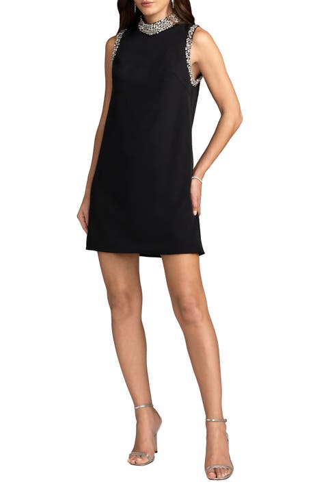 Beaded Crepe Sleeveless Mock Neck Mini Dress