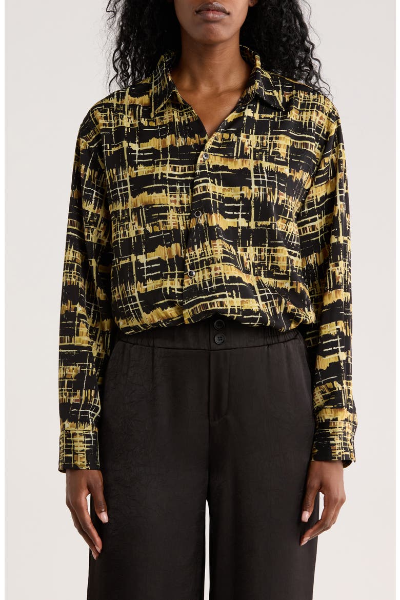 Print Long Sleeve Button-Up Shirt, Main, color, BLACK