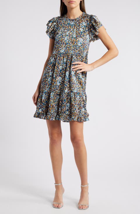 Printed Puff Sleeve Tiered Satin Minidress