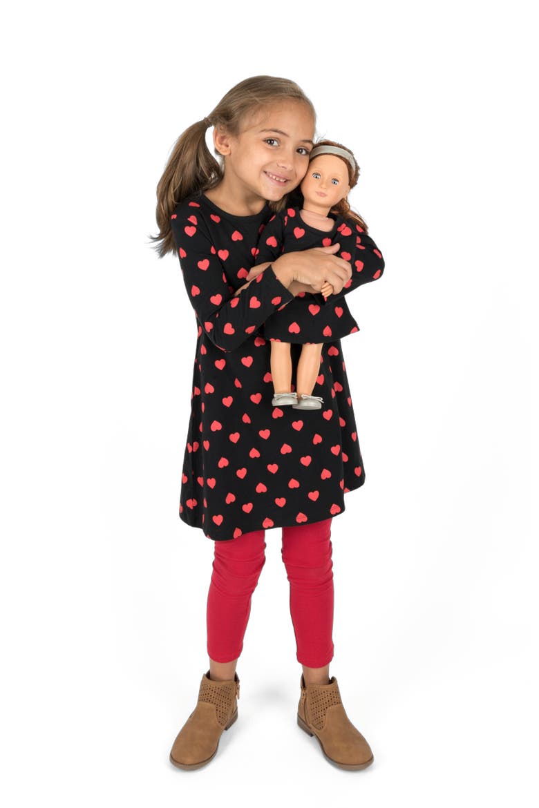 Girls Cotton Dress with Matching Doll Dress, Printed Design, Alternate, color, HEARTS