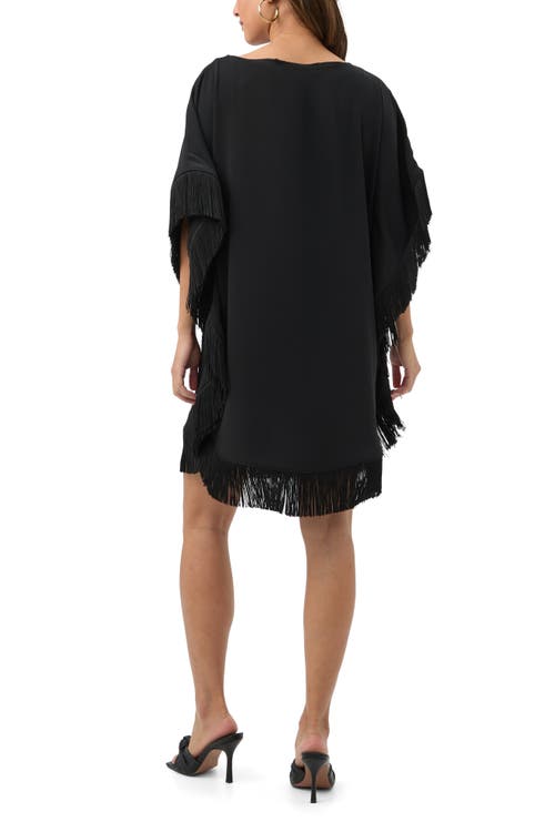 Trina Turk Mini Neena Fringe Trim Caftan Dress In Black