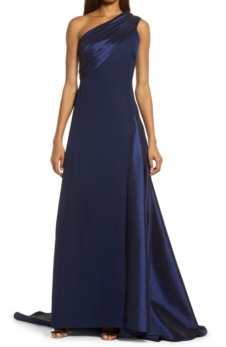 Tadashi Shoji Taffeta Detail One-Shoulder Crepe Gown, Main, color, 