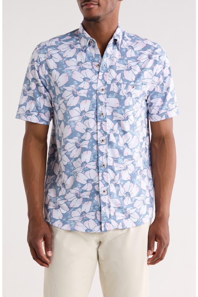 Floral Print Short Sleeve Button Up Shirt, Main, color, PINK/ NAVY