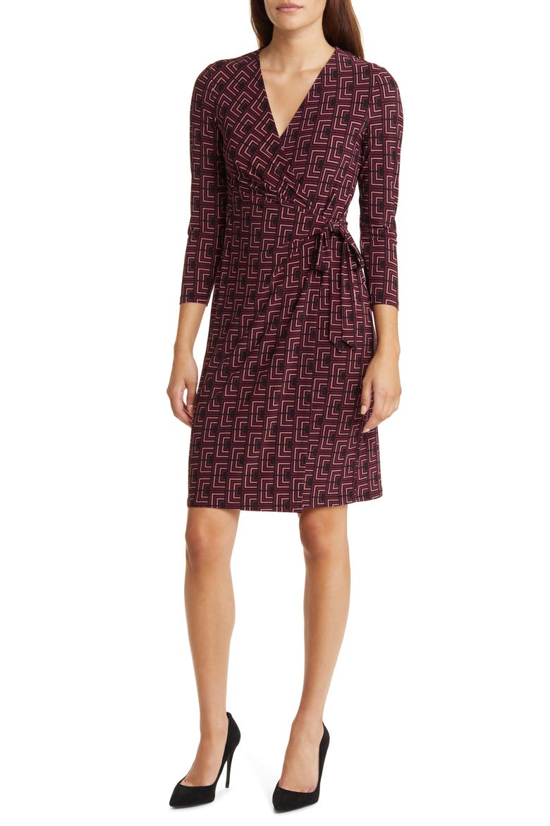 Geo Print Long Sleeve Wrap Dress, Main, color, ANNE BLACK/ CHIANTI MULTI