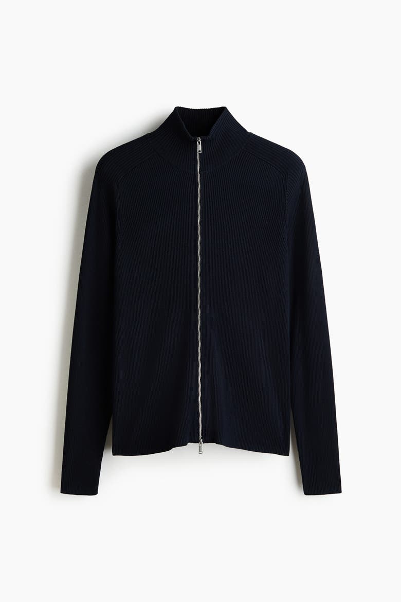 Slim-Fit Rib-Knit Cardigan, Alternate, color, Navy blue