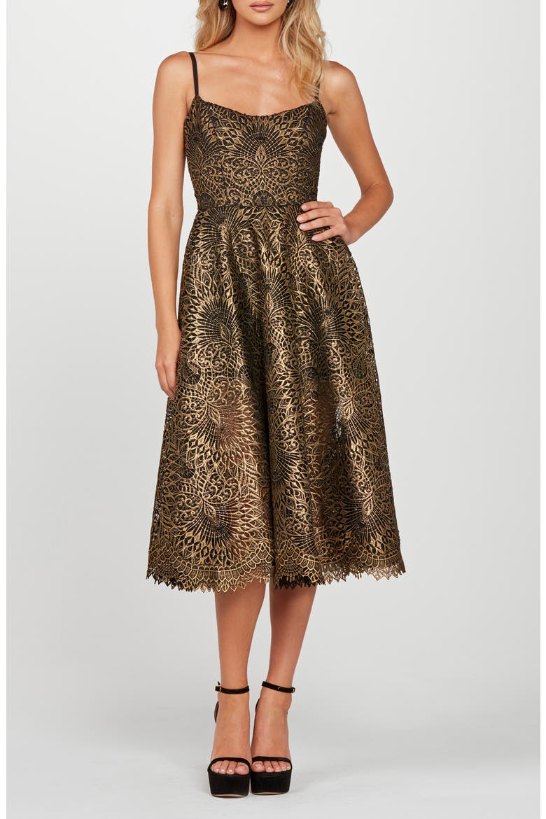 Taylor Metallic Lace Midi Cocktail Dress, Main, color, BRUSHED GOLD/ BLACK