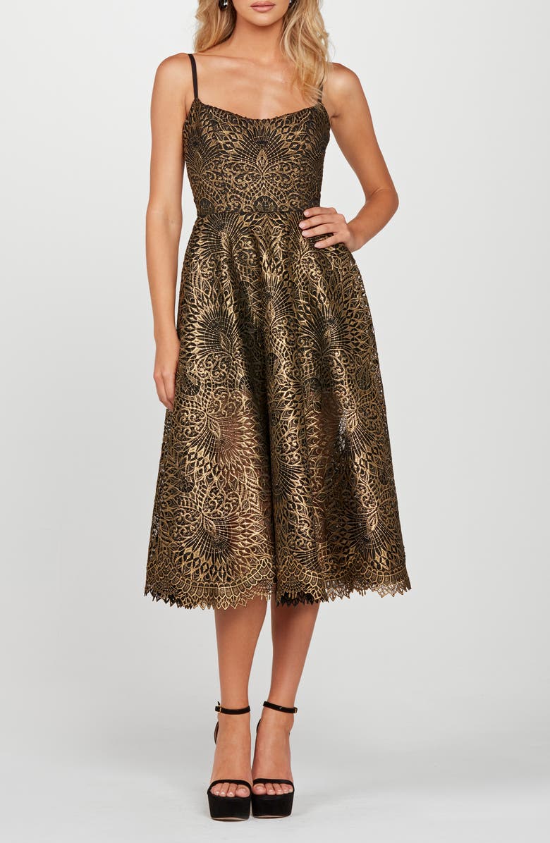 HELSI Taylor Metallic Lace Midi Cocktail Dress, Main, color, Brushed Gold/ Black