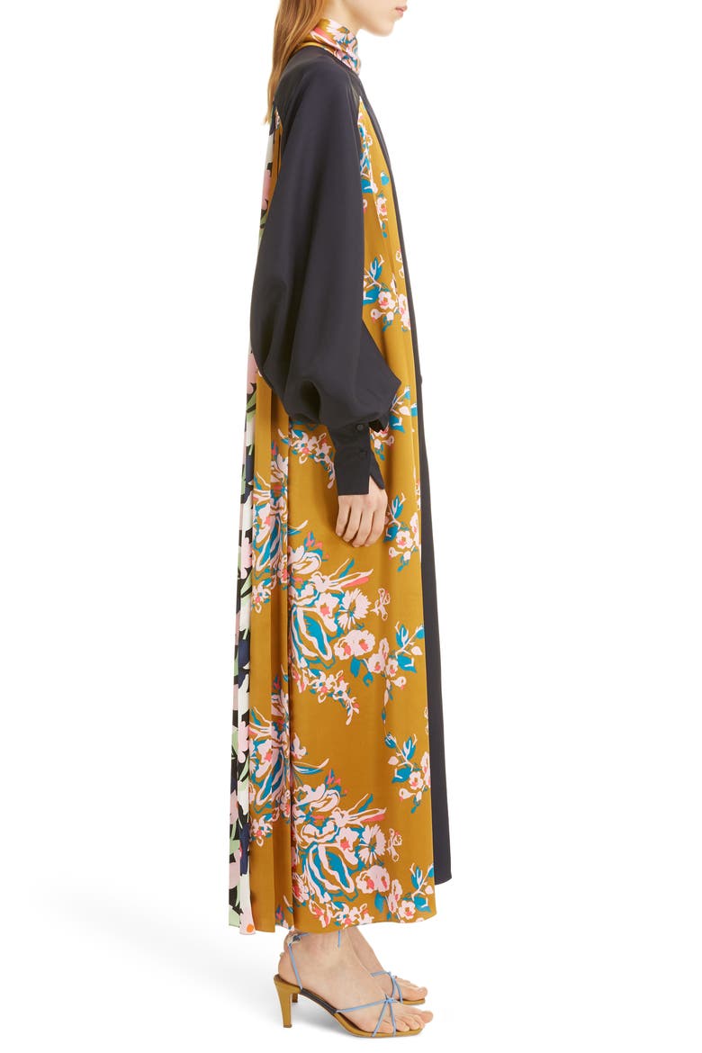 Floral Panel Long Sleeve Silk Twill Maxi Dress, Alternate, color, MIDNIGHT