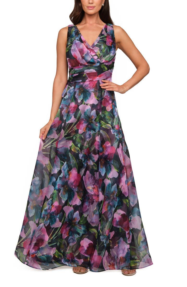 JS Collections Philipa Floral A-Line Gown, Alternate, color, Teal Multi