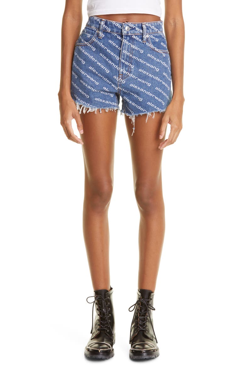 Alexander Wang Bite Logo High Waist Cutoff Denim Shorts, Main, color, Deep Blue/White