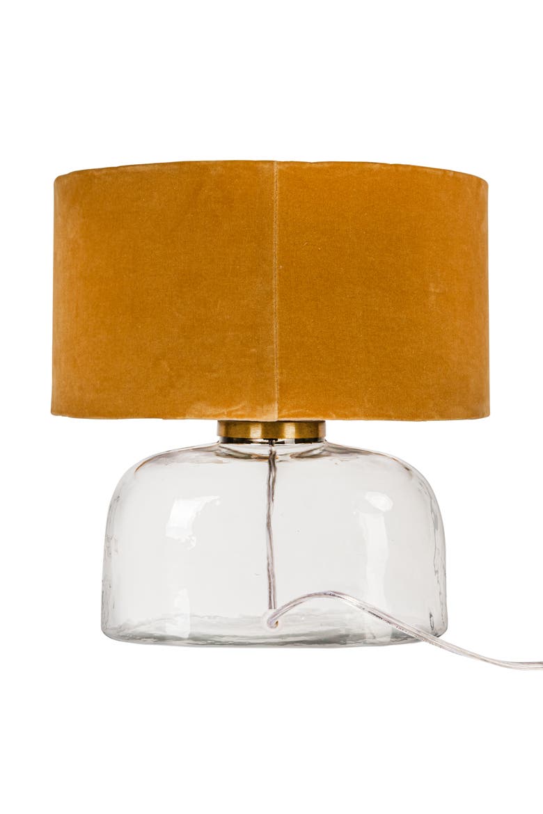Modern Table Lamp with Glass Base and Velvet Shade, Mustard Yellow, Alternate, color, Green