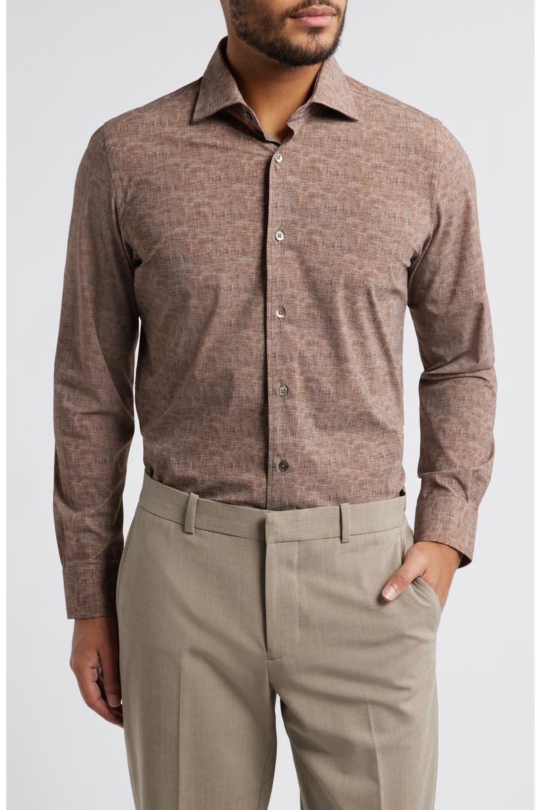 Jagged Heathered Herringbone Print Knit Nylon Blend Dress Shirt, Main, color, BROWN