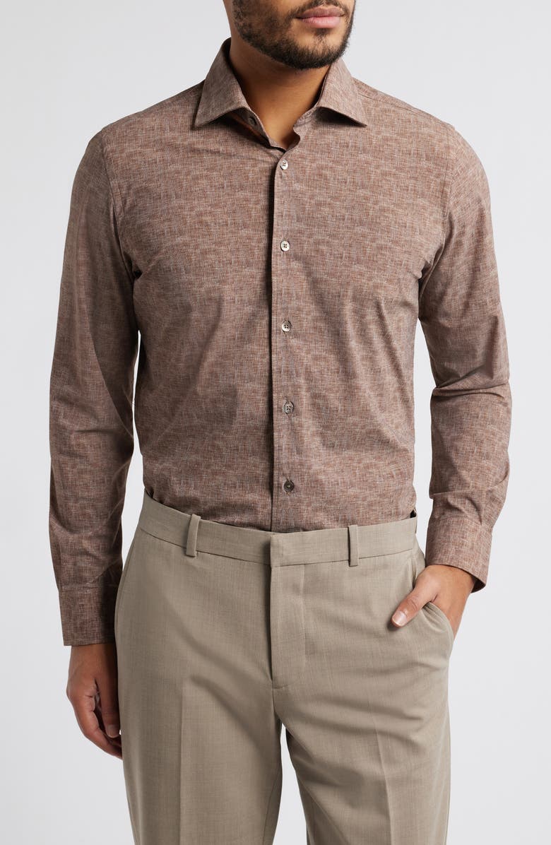 Zanella Jagged Heathered Herringbone Print Knit Nylon Blend Dress Shirt, Main, color, Brown