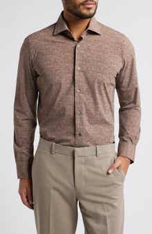 Jagged Heathered Herringbone Print Knit Nylon Blend Dress Shirt