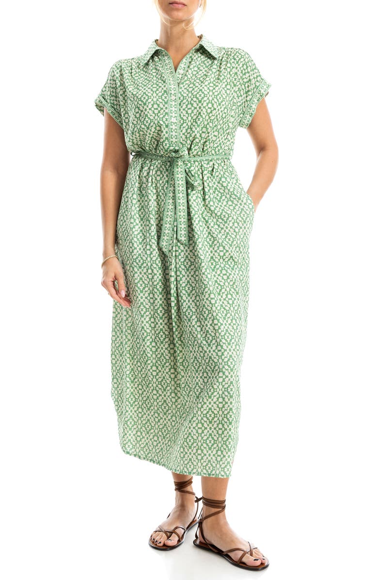 MAX STUDIO Short Sleeve Tie Waist Shirtdress, Alternate, color, Green/ Cream