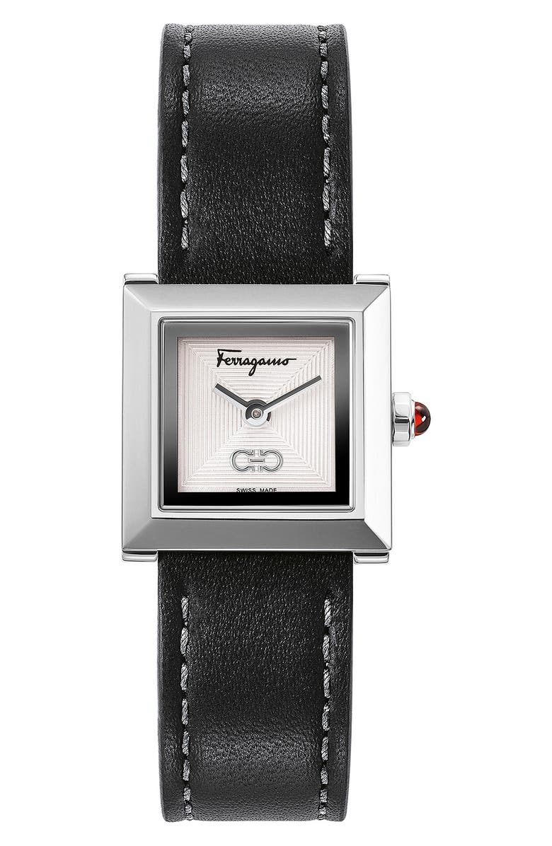 FERRAGAMO Salvatore Ferragamo Square Leather Strap Watch, 19mm