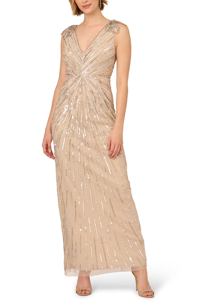 Adrianna Papell Embellished Column Gown, Main, color, Biscotti
