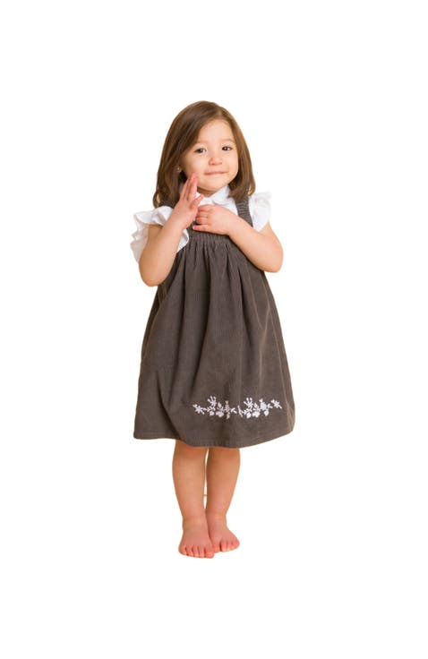 Toddler Pinafore Corduroy Dress with Embroidery | Gray & White