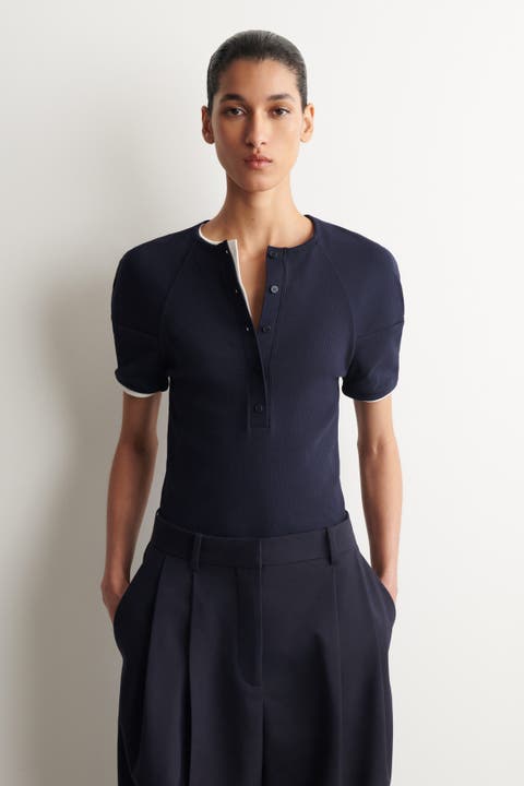 Rounded Ribbed Jersey Henley Top