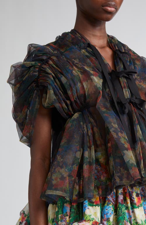 Tao Comme Des Garçons Gathered Tulle & Floral Print Cotton Top