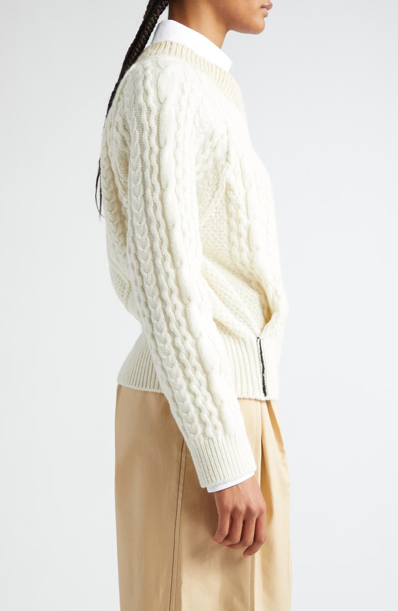 Victoria Beckham Contrast V-Neck Cable Stitch Lambswool Sweater, Alternate, color,