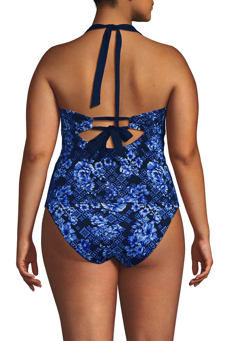 Seamed Halter Tankini Top, Alternate, color, Deep Sea Navy Mosaic Floral