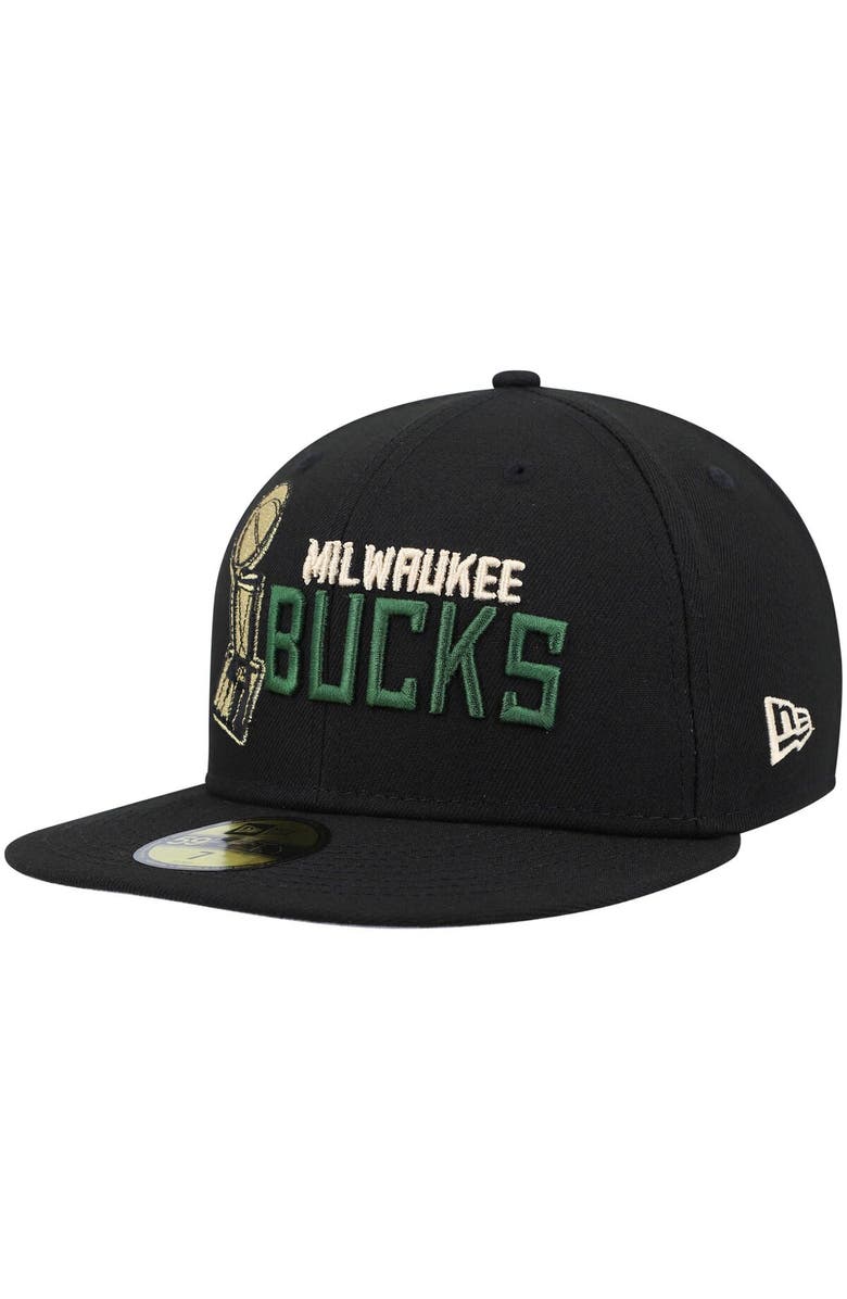 New Era Men's New Era Black Milwaukee Bucks Champs Trophy 59FIFTY Fitted Hat, Main, color, 