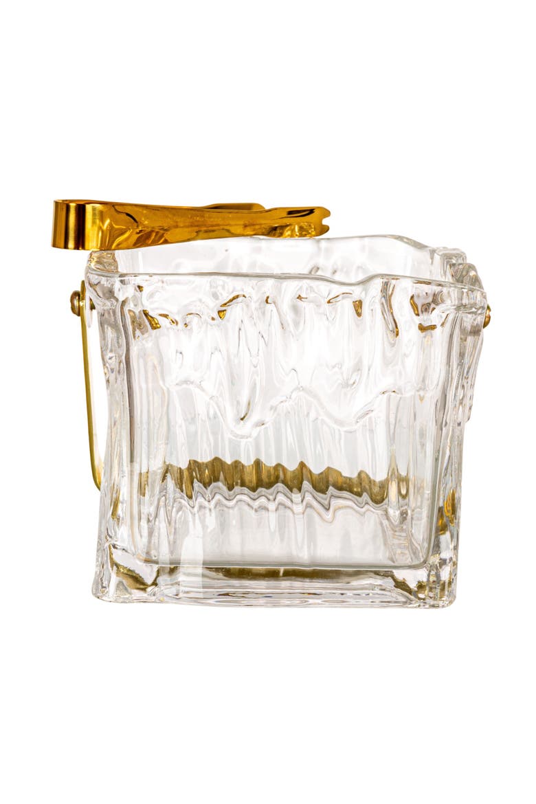 24-Ounce Textured Glass Ice Bucket with Gold Finish Handle and Tongs, Clear/Gold, Alternate, color, Gold