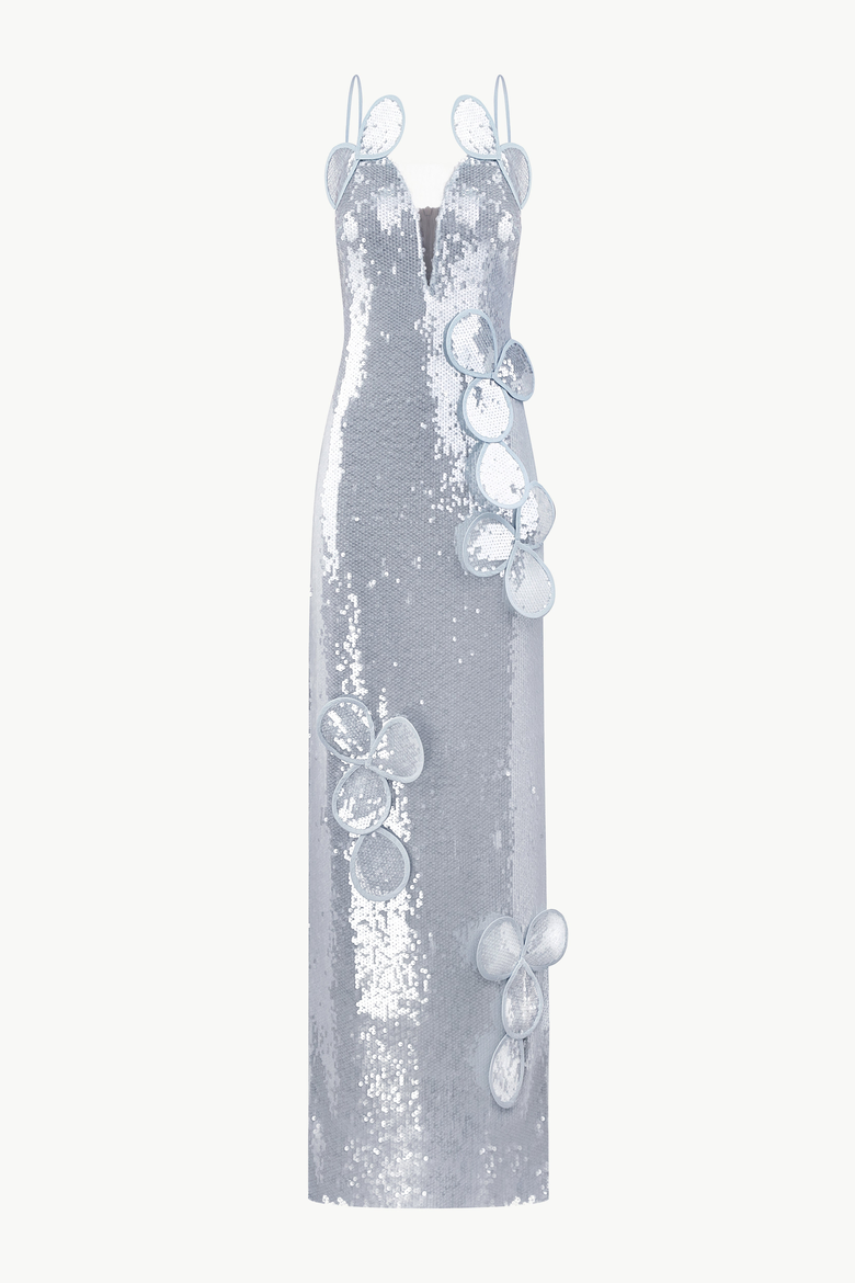 Sequin Maxi Bustier Dress With Floral Appliques and Layered Petals, Main, color, Light Blue