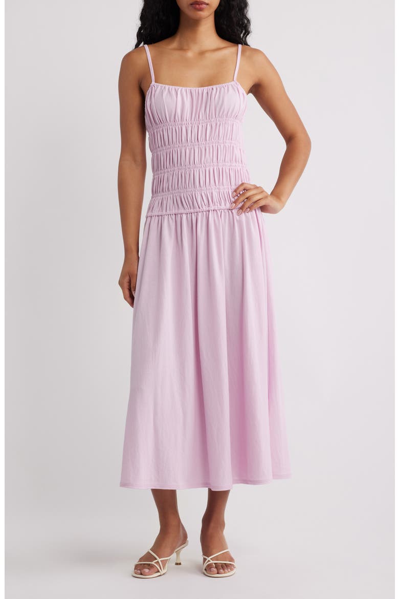 Ruched Bodice Midi Dress, Main, color, LIGHT PINK