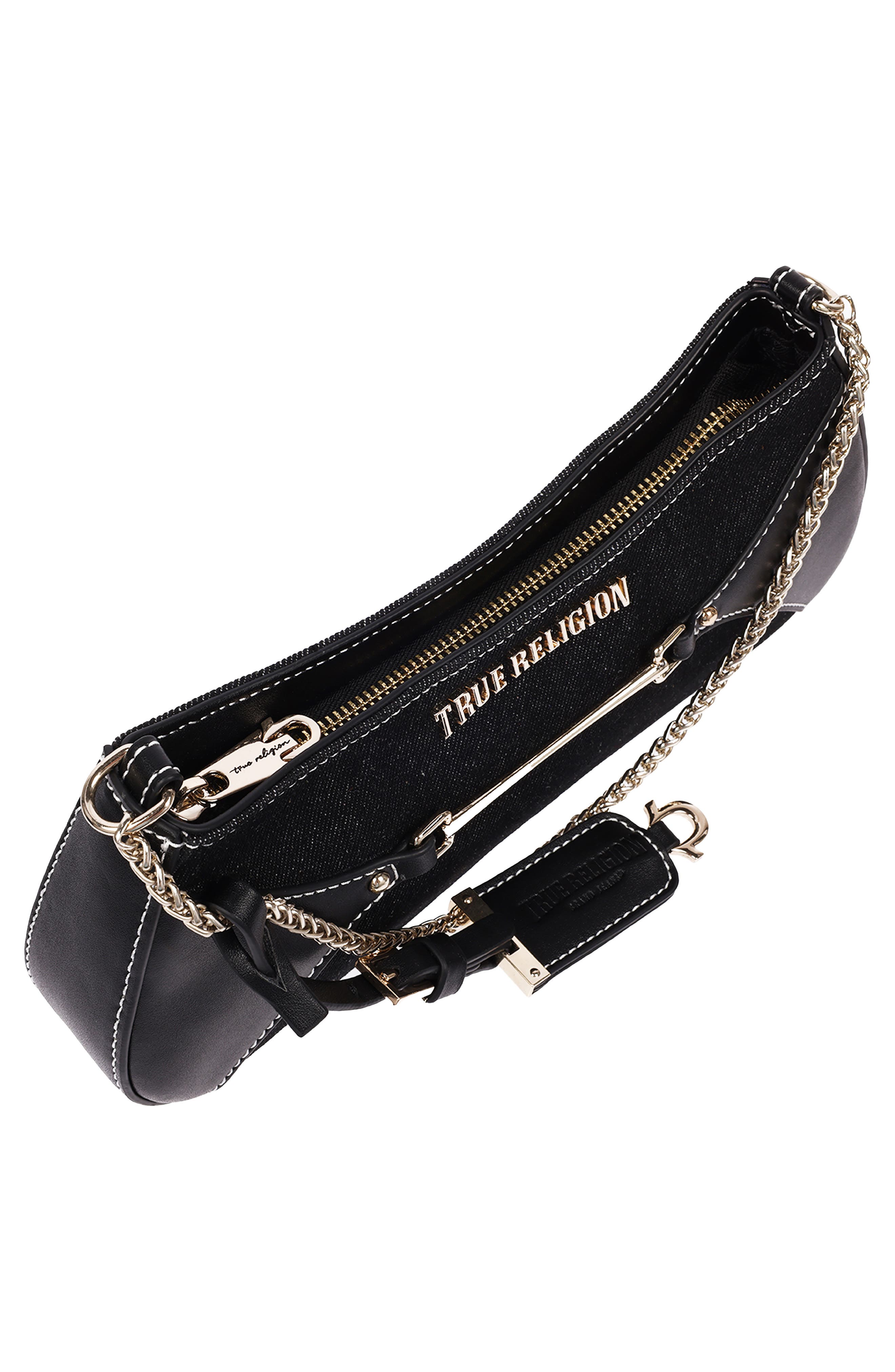 Zip Top Denim Shoulder Bag, Alternate, color, BLACK