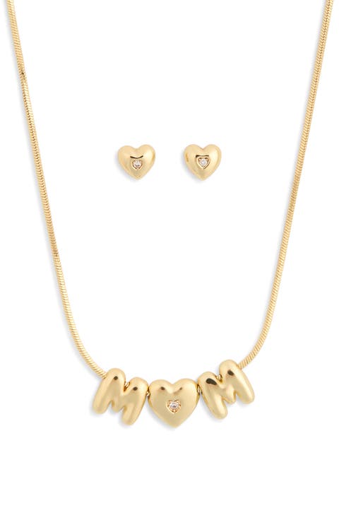 Demi-Fine Cubic Zirconia Heart Stud Earrings & Mom Pendant Necklace Set