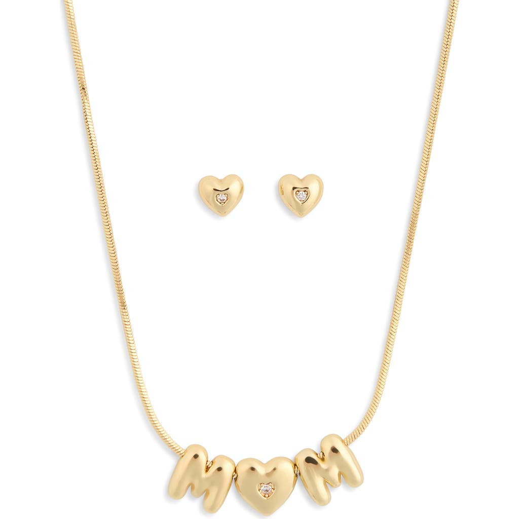 Leith Demi-fine Cubic Zirconia Heart Stud Earrings & Mom Pendant Necklace Set In Clear- Gold