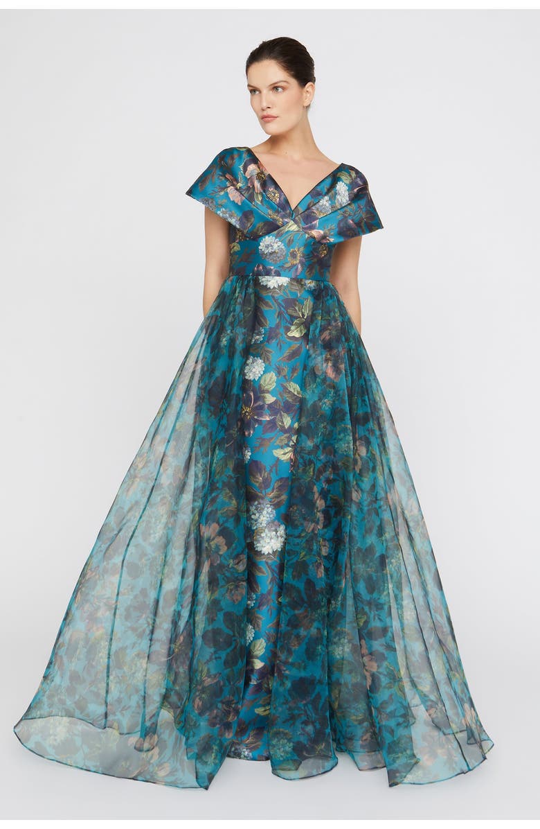 Theia Azaria Draped V Neck Gown, Main, color, Gilded Hydrangea