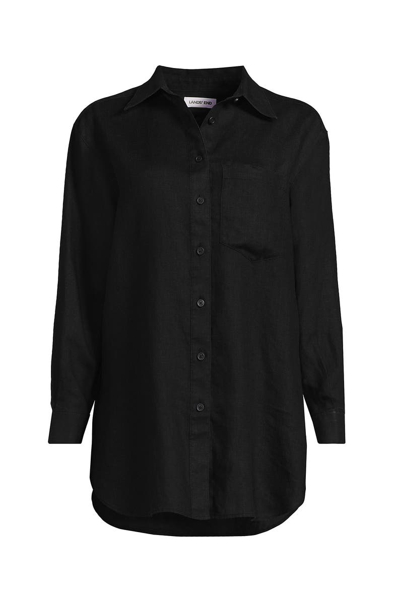 Lands' End Plus Size Linen Oversized Button Front Shirt, Alternate, color, Black
