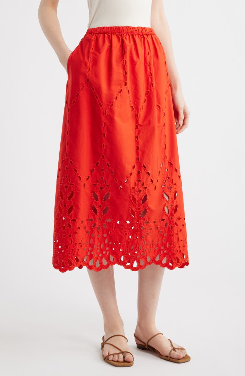 Madewell Embroidered Midi Skirt, Main, color, Wild Poppy